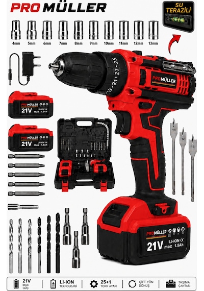 Pro Müller Profesyonel 5800 Xr Profesyonel Darbeli Su Terazili Çift Akülü Şarjlı Matkap 30 Pcs