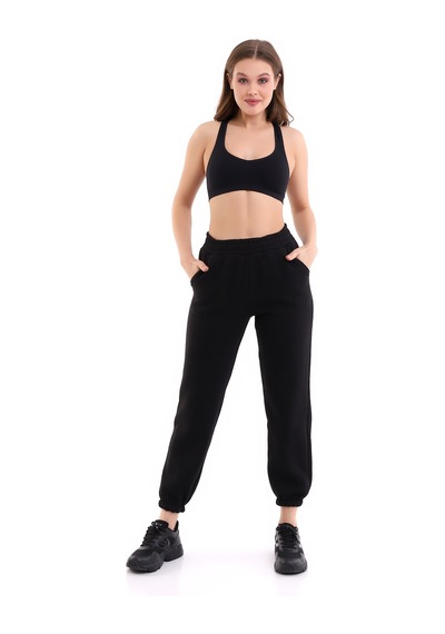 Winmoda34 Kadın Üç İplik İçi Şardonlu Polarlı Eşofman Altı Jogger Rahat Kalıp Siyah