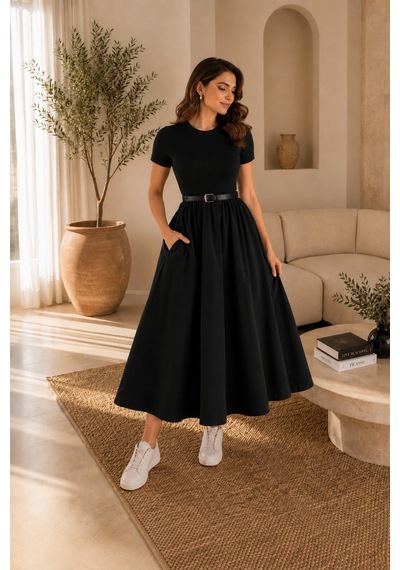 Unika Boutique Kadın Kemerli Poplin Midi Elbise Siyah