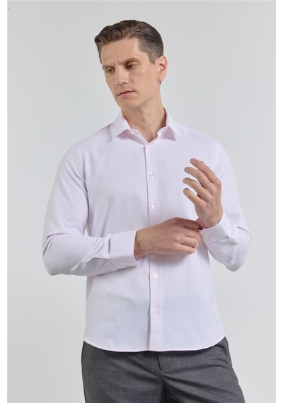 İmza Pudra Kendinden Desenli Sert Yaka Uzun Kol Cepsiz Slim Fit Pamuklu Gömlek 1004255283