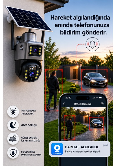 Wifi 3 Kameralı Solar Panelli İkaz Lambalı Gece Görüşlü Güvenlik Kamerası