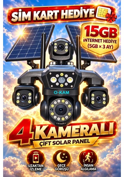 O-kam Oks340 12mp 4 Kameralı 4g Çift Solar Panel Gece Görüş 15gb İnternet Akıllı Kamera