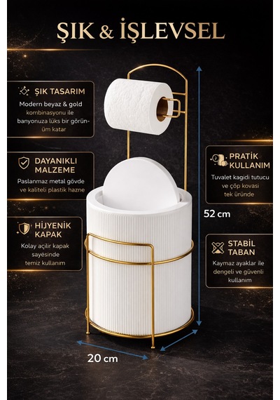 Lüx Gold Banyo Wc Tuvalet Kağıtlığı Çöp Kovası Takım Plastik Kova 6 Litre Paslanmaz Tel Beyaz