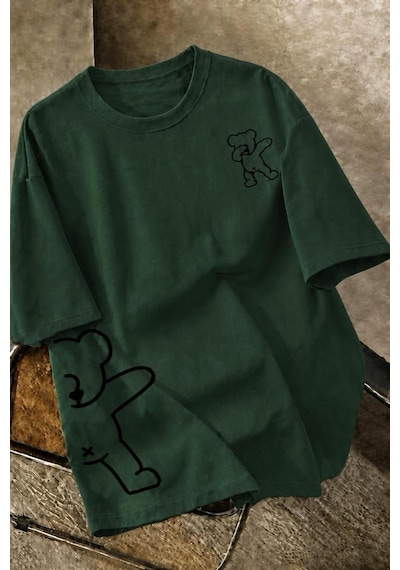 Ayıcık Baskılı Unisex Oversize Sokak Stili T-shirt Yesıl
