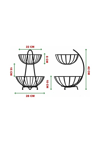2 Katlı Metal Meyve Sepeti Siyah Geniş Hacimli Meyvelik Sebzelik Sunum Standı Modern Tezgah Üstü Organizer 25/28 Cm Çap 23 Cm Yükseklik Diğer