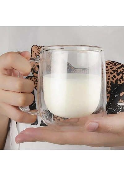 2 Adet Çift Cidarlı Cam Kupa Bardak 250 Ml Çift Camlı Bardak Kupa Double Walled Glass Acı Kahve