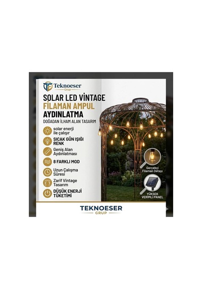 10lu Solar Gunes Enerjili Vintage Filaman Ampul Isik Zinciri Bahce Balkon 8 Modlu Dis Mekan