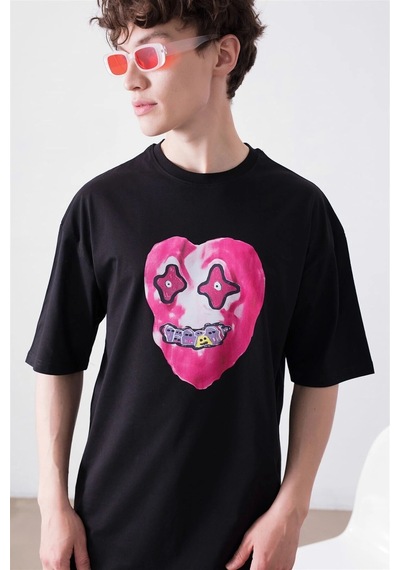 Startmore Unisex Kalp Beyaz Tshirt Siyah