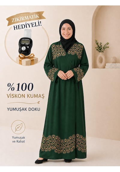 Bilenler Halka Desenli Yeşil Namaz Elbisesi Viskon Kumaş Zikirmatik Hediyeli Yandan Bağlamalı