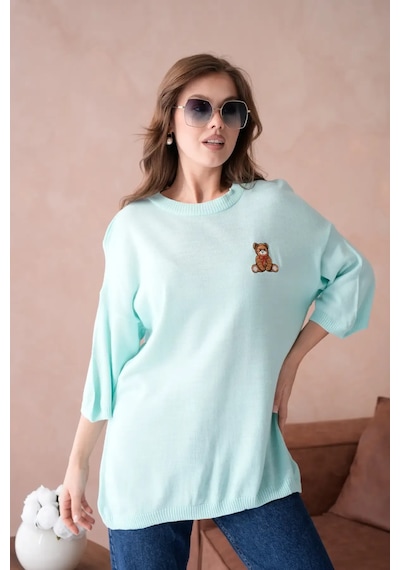Park Karon 10729 Kadın Bisiklet Yaka Nakış Detay Oversize Trko Kazak Mint