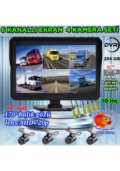 Ledsiz 4 Adet Ahd 720p Balık Gözü Kelebek Kamera 6 Kanallı 10 İnç Qled Ekran 256 Gb 12 Volt