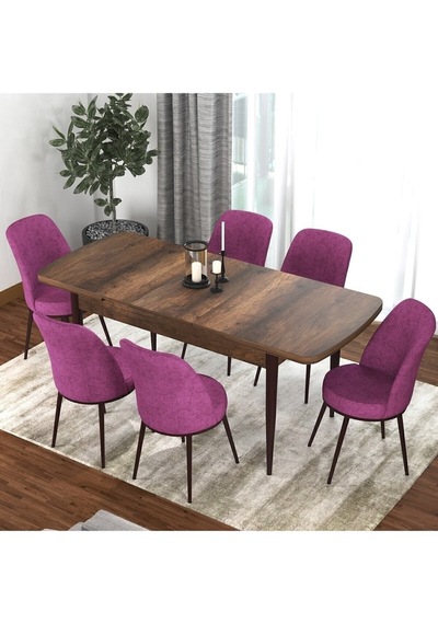 Canisa Concept Kor Serisi 70x114 Açılabilir Mutfak Masası Takımı Barok Desen Masa 6 Mor Sandalye Masa Barok Sandalyeler Mor