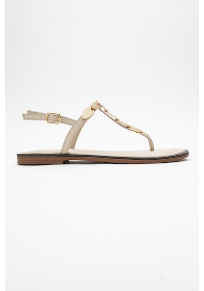 Luvishoes Luvi Shoes Marea Bej Hakiki Deri Parmak Arası Gold Tokalı Kadın Sandalet Bej