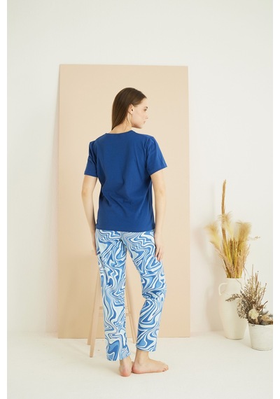 Siyah İnci Pamuklu Bisiklet Yaka Örme Pijama Takım25103233 mavi