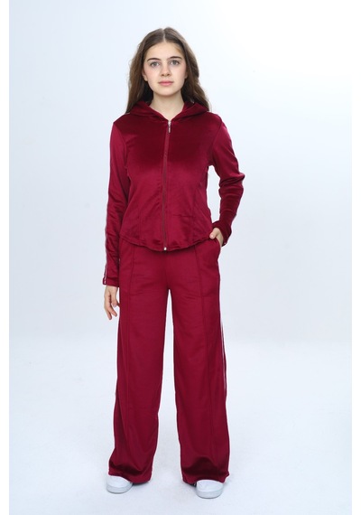 Toontoy Kids Toontoy Kız Çocuk 2'li Takım Fermuarlı Kapüşonlu Cepli Sweatshirt & Beli Lastikli Bol Paça Cepli Eşofman Altı - Şerit Detaylı & Kadife Bordo