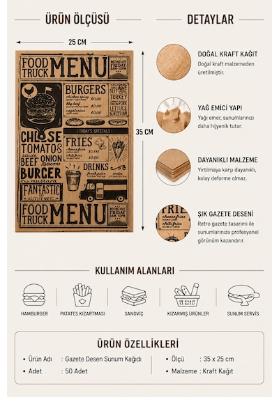 Gazete Desen Sunum Kağıdı 50 Adet 35x25 Yağ Geçirmez Kraft Servis Kağıdı Burger, Fast Food, Cafe Sunum Kağıdı Karışık Desen Kendinden Desenli Vintage