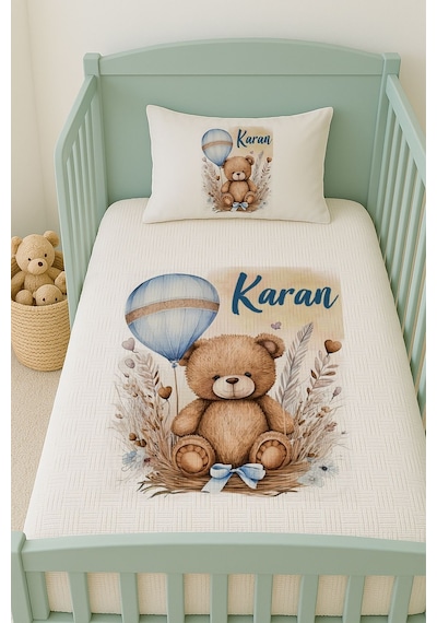 %100 Pamuk İsme Özel İsimli 100x150 Cm Pike Seti Mavi Balonlu Ayıcık