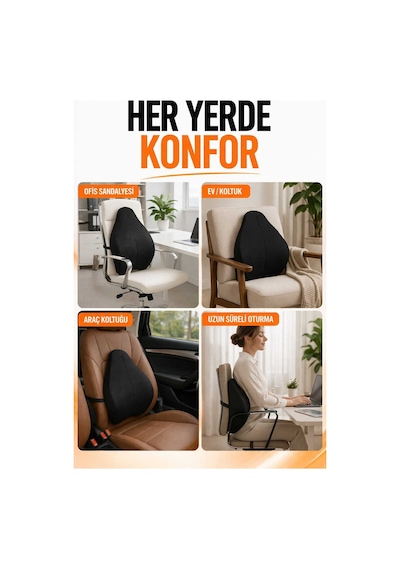 Visko Ortopedik Yeni Nesil Sandalye Sırt Minderi Sırt Dayama Koltuk Minderi Sırt Destek Yastık Siyah