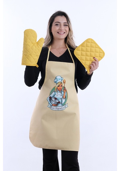 Beautiful Set Sıvı Geçirmez Su Geçirmez Mutfak Önlüğü 1 Eldiven 1 Tutacak Sarı