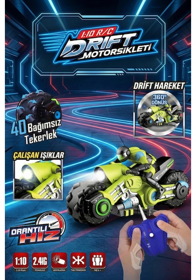 1:10 Uzaktan Kumandalı Rc Drift Akrobasi Motorsikleti - 360 Derece Dönüş - Işıklı - 2.4 Ghz Yeşil