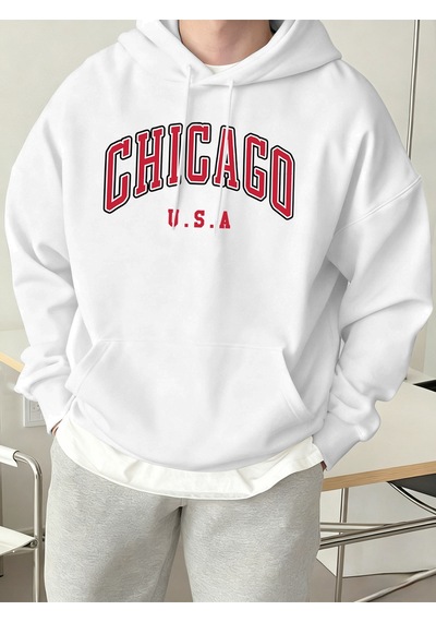 Startmore Startmorechicago Abd Mektup Baskılı Erkek Günlük Kapüşonlu Sweatshirtler Her Şeyle Uyumlu Polar Sweats Beyaz