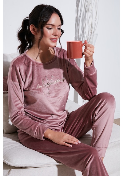 Lela Regular Fit Yumuşak Dokulu Kadife Bayan Pijama Takımı 6094200W4 Pudra