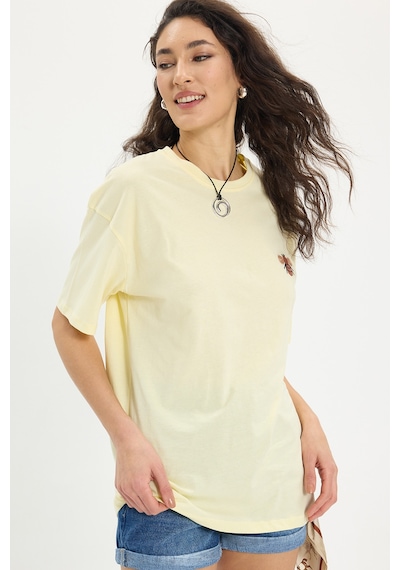 Tudors Kadın Oversize Geniş Kesim %100 Pamuk Bisiklet Yaka Kısa Kollu Baskılı Sarı Tişört-50345