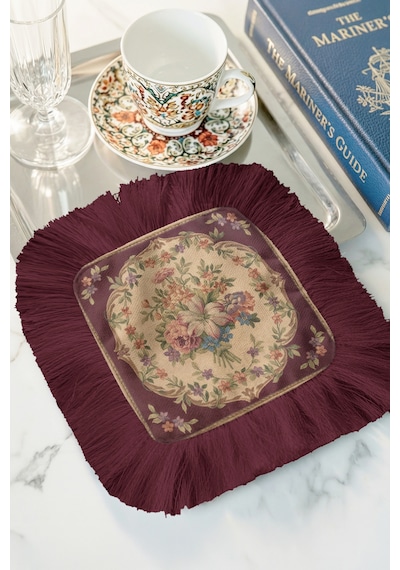 Zarif Vintage Çiçekli Saçaklı Sunum Servis Altlığı Mendil-chic Nostaljik Bordo Krem Sunumluk Peçete Çok Renkli