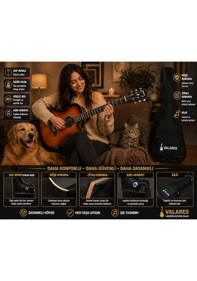 Valares 38c Kesik Kasa Sap Ayarlı Akustik Gitar 38 4/4 Full Aksesuar Hediyeli Sunburst Suhr Burst