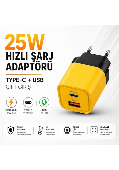 25w Hızlı Şarj Adaptörü Type-c + Usb Çift Girişli Akıllı Şarj Başlığı Kompakt Tasarım