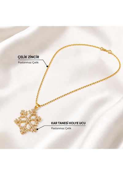 Çelik Kar Tanesi Kolye Gold Renk Zirkon Taş Detaylı Kadın Kolye
