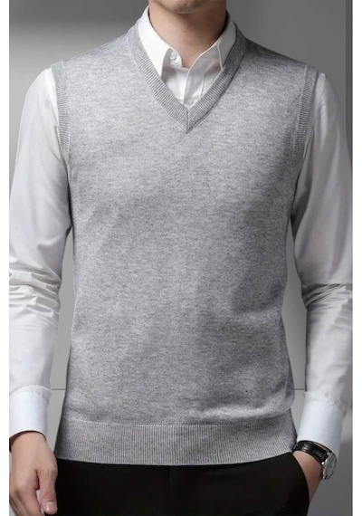Tezzgelsin Erkek V Yaka Triko Tüylenmez Süveter Erkek Slim Fit Süveter Gri