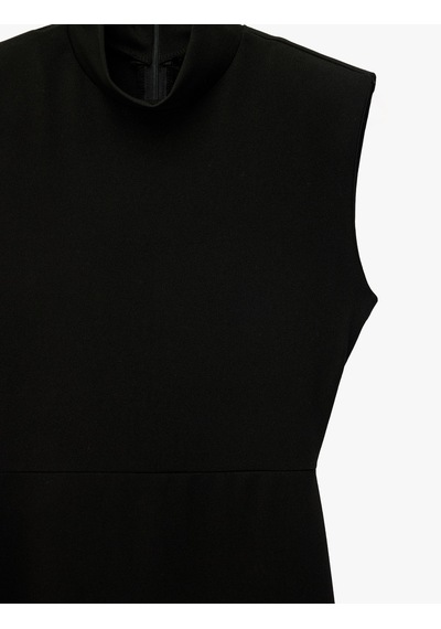 Koton Krep Scuba Kumaş Slim Fit Kolsuz Dik Yaka Midi Elbise Siyah 7wak80006uk