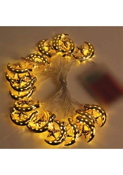 Dekoratif Gold Renk Delikli Ay Yıldız 10 Lu Dekoratif Led Lamba 2 Mt Gold