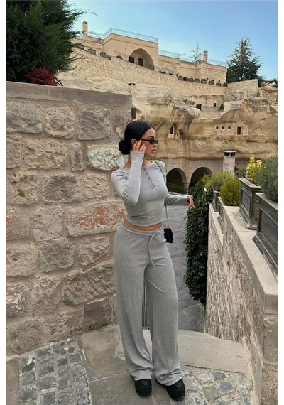 Evoa Kadın Gri Basic Düğmeli Bluz Ve Bol Paça Pantolon Takım