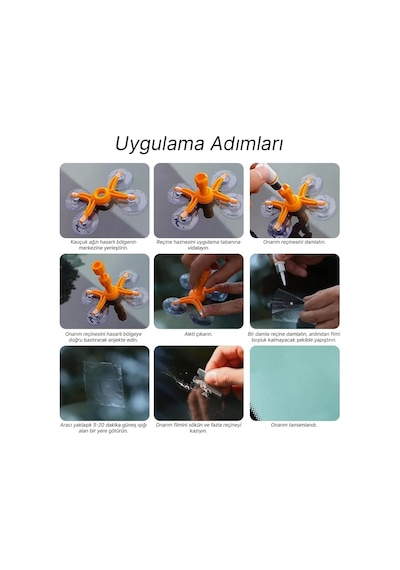 Araç Ön Cam Kırık Çatlak Giderici Hızlı Tamir Kiti 2,5 Cm Çap Kadar Uygundur, 3ml 5 Film