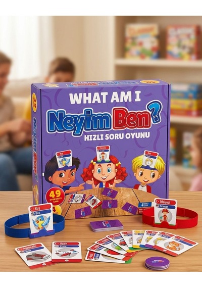 Neyim Ben 4 Baş Bantlı 49 Kartlı 20 Jetonlu Eğlenceli Hızlı Eğitici Oyuncak Kutu Oyunu