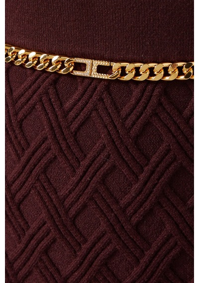 Elisabetta Franchi Dokulu Triko, Zincir Ve Taş Detaylı Lüks Chain Accent Midi Etek Bordo