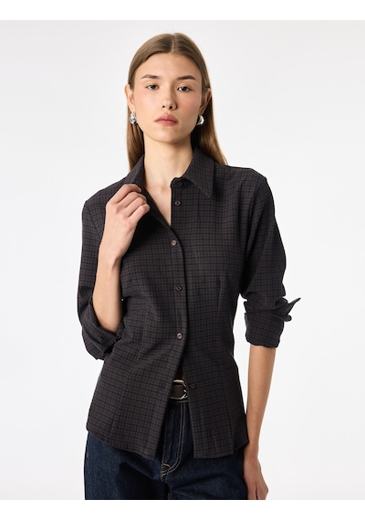 Koton Düğmeli Uzun Kollu Slim Fit Ekose Gömlek Kahverengi Ekose 7wak60050pw KAHVERENGİ EKOSELİ