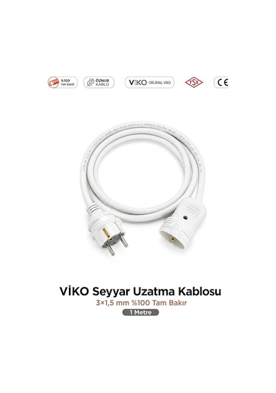 Viko Seyyar Uzatma Kablosu 1m 1 Metre 3x1.5 Mm %100 Bakır Öznur Kablo Viko Erkek Dişi Fiş Klemens Terminalli Topraklı Tse Ce Belgeli 1 M