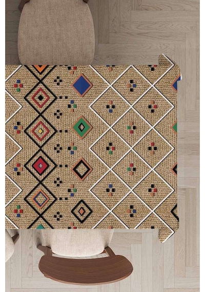Bej Etnik Desenli Dokuma Leke Tutmaz Masa Örtüsü Mso112n11