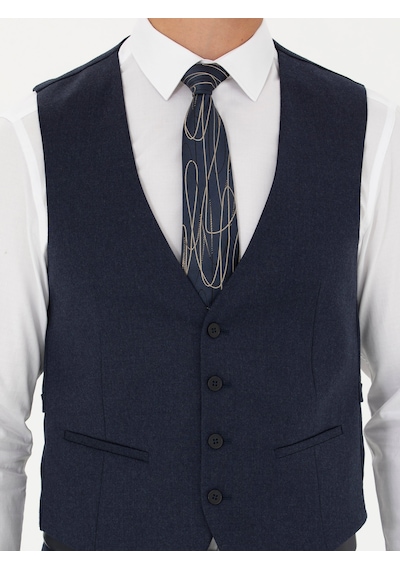 Cacharel Lacivert Slim Fit Yün Karışımlı Çizgili Klasik Yelek