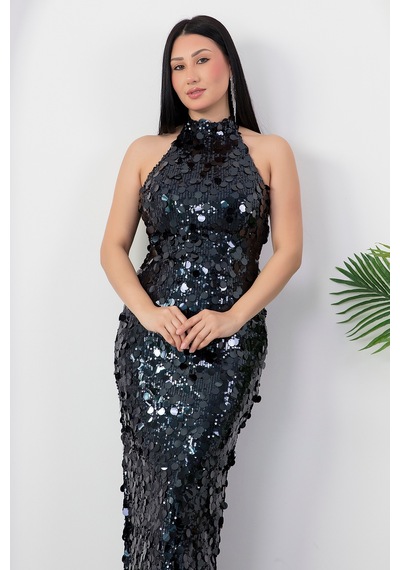 Kalopya Halter Yaka Büyük Pullu Elbise Abiye Ecr6094 Lacivert