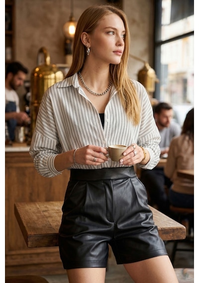 Armonika Kadın Beyaz-siyah İnce Çizgili Oversize Uzun Basic Gömlek Arm-22y001185