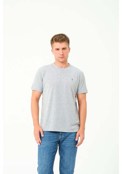 Erkek Basic Göğüs Nakış Detaylı Standart Fit Normal Kesim %100 Pamuk T-shirt Gri Melanj