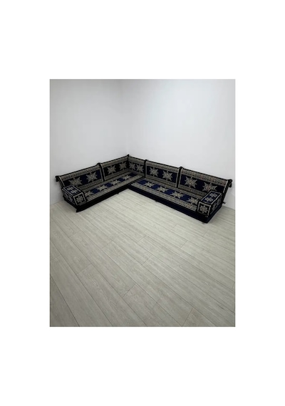 Yıldız Modeli Lacivert Otantik Şark Köşesi Takımı L Set - Geleneksel Yer Minderi Seti 10 Cm Minder Kalınlığı 9 Parça