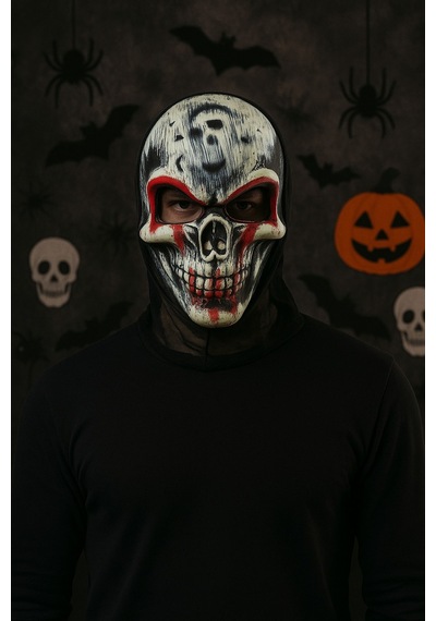 Yetişkin Kırmızı Yakalı 120 Cm Vampir Pelerini Ve Kanlı Kafatası Maskesi Seti Halloween Kostüm
