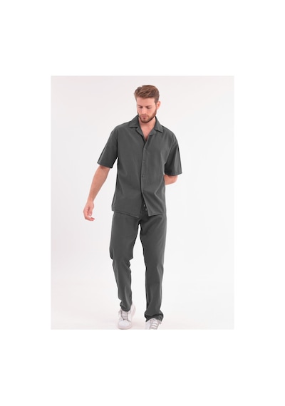 Erkek Siyah Keten Takım Oversize Gömlek & Pantolon 2'li Set Bağcıklı Rahat Yazlık Kombin Haki
