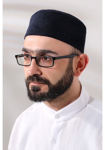 Lacivert Petek Kareli Kadife Kalıp Namaz Takkesi