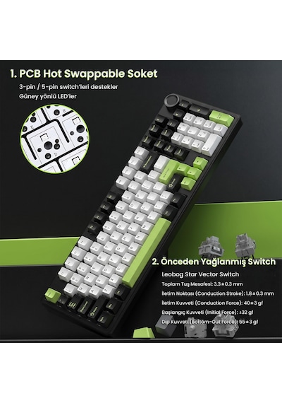 Aula F99 Pro 3 Modlu Rgb Hot Swap Mekanik Star Vector Switch Kablosuz Makrolu Klavye Yesil